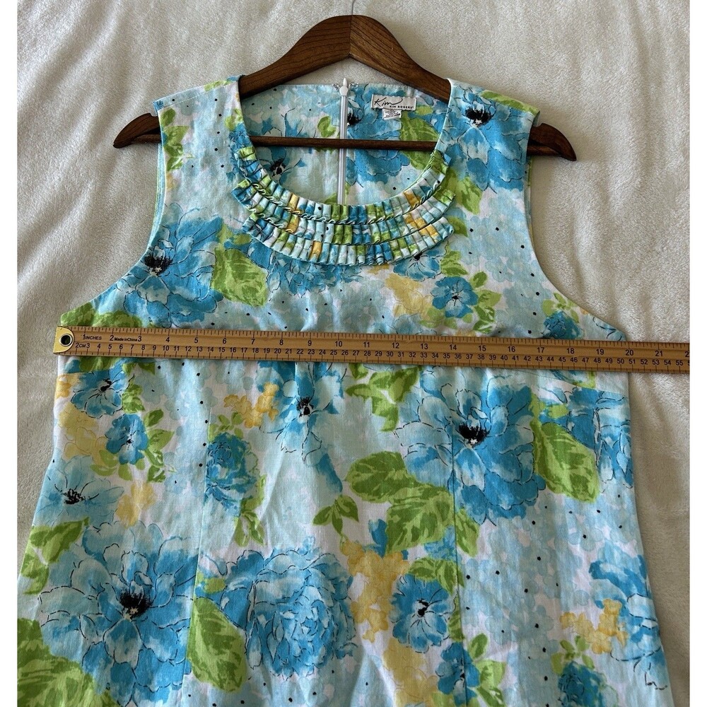 Kim Rogers Linen Shift Dress Womens 16 Blue Floral Sleeveless Pleated Neck - Picture 9 of 10